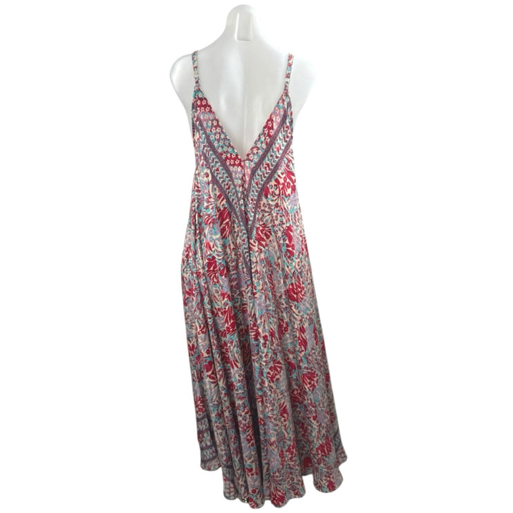 Advance Red Silk Floral V Neck Boho Sleeveless Cami Tank A Line Maxi Dress OS