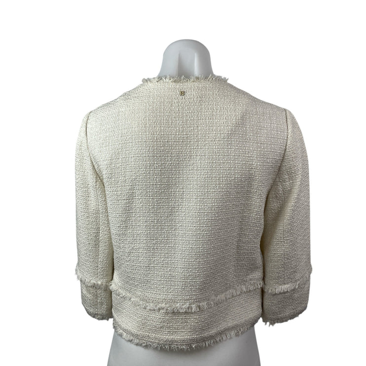 Ted Baker White Tweed Fringe Half Sleeve Full Zip Blazer Coat Jacket Size 2