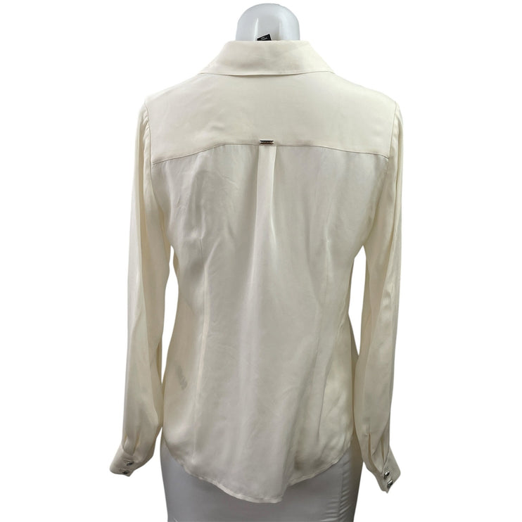 White House Black Market Cream Silk Pleated Long Sleeve Button Down Shirt Size 2