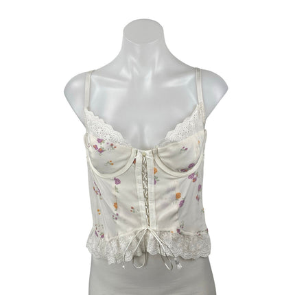 Sky To Moon Women's White Floral Bustier Corset Ruffle Lace Cami Tank Top Size M