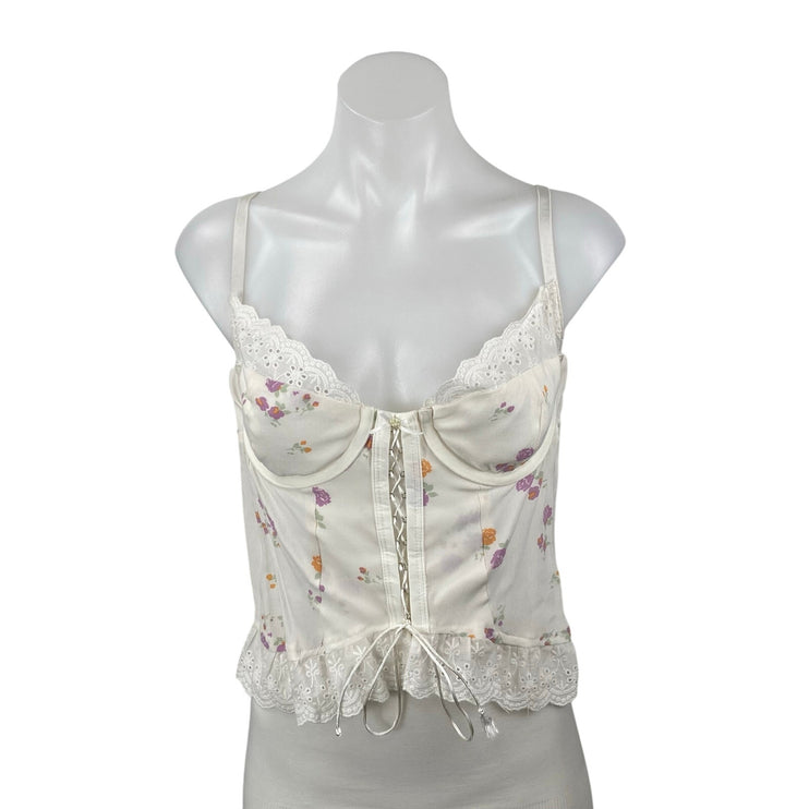 Sky To Moon Women's White Floral Bustier Corset Ruffle Lace Cami Tank Top Size M