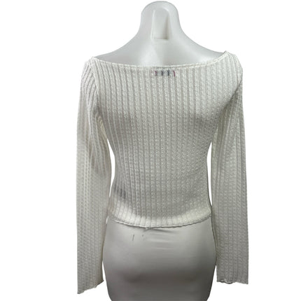 Edikted Womens White Ribebd Knit Boat Neck Long Sleeve Crop Sweater Top Size M