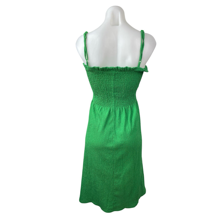 H&M Green Smocked Sleeveless Ruffle Crinkle Pleated Cami A Line Midi Dress Sz S