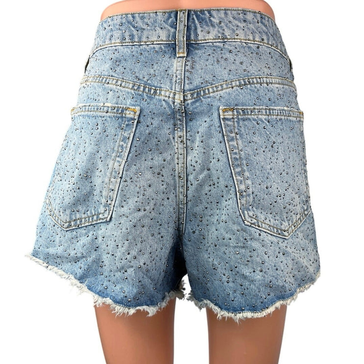 Zara Blue Rhinestone Embellished High Waisted Cut Off Denim Jean Shorts Size 8