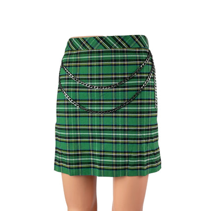 Zara Women's Green Plaid Check Chain High Rise Mini Straight A-Line Skirt Sz XS