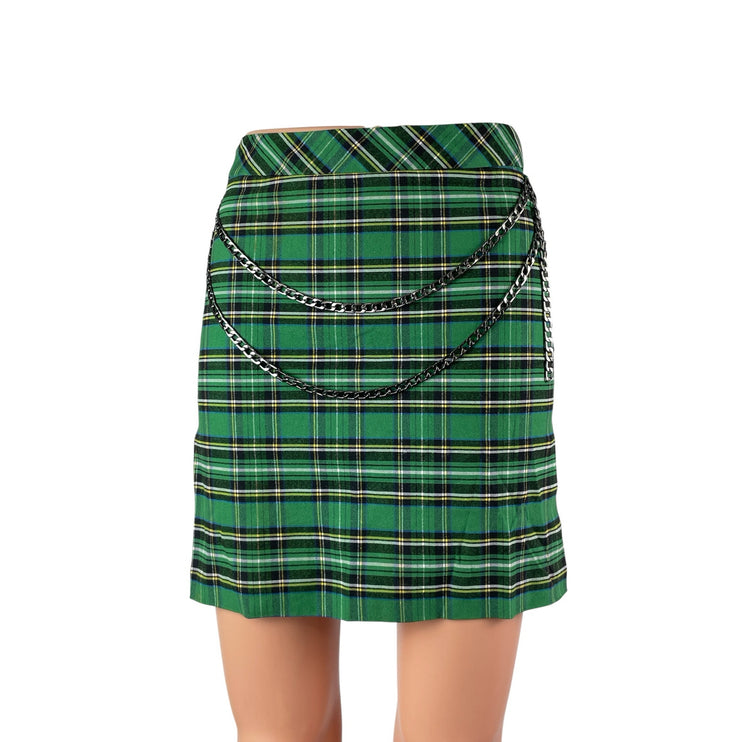 Zara Women's Green Plaid Check Chain High Rise Mini Straight A-Line Skirt Sz XS