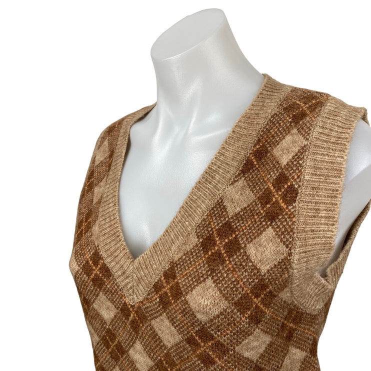 Just In Women's Tan Brown Argyle Plaid Sleeveless V Neck Sweater Vest Top Size S