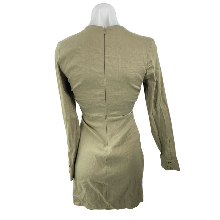 Zara Women's Olive Green Linen V Neck Long Sleeve Cut Out Mini Bodycon Dress XS