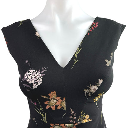 Zara Woman Black V Neck Cap Sleeve Floral Knee Length Sheath Dress Size XS