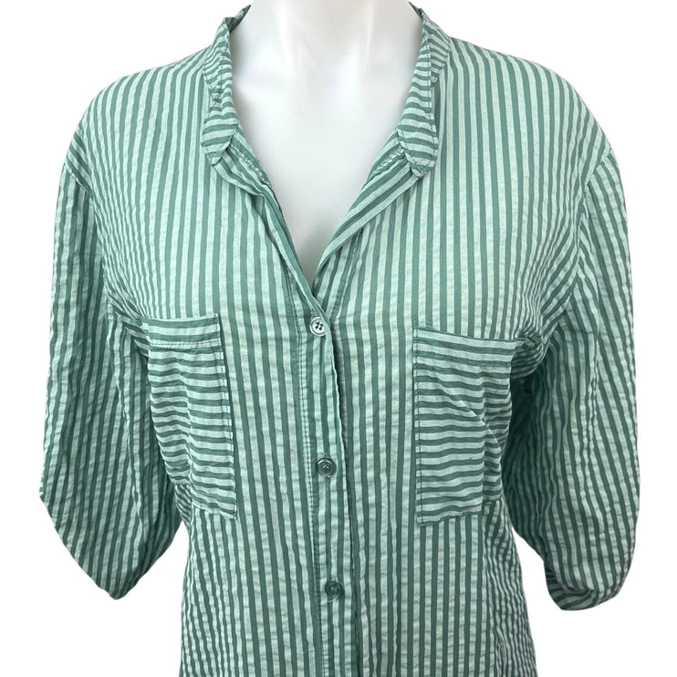 Sandra Fellini Green Striped Half Sleeve Button Down Shirt Mini Dress Size M