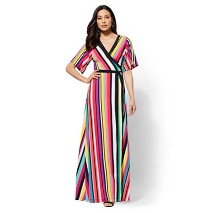 New York & Company Multicolor Striped Short Sleeve Stretch Maxi Wrap Dress Sz M