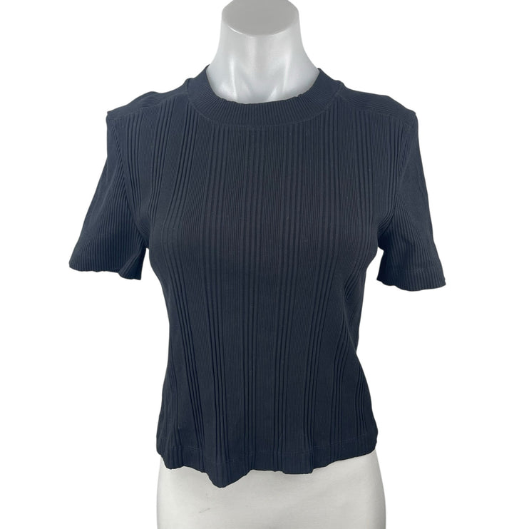 Zara Women's Black Rib Knit High Neck Short Sleeve Crop Tee Sweater Top Size L