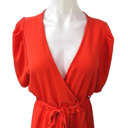 Aqua Women's Orange V-Neck Short Puff Sleeve Ruffle Belted Tie Mini Wrap Dress M