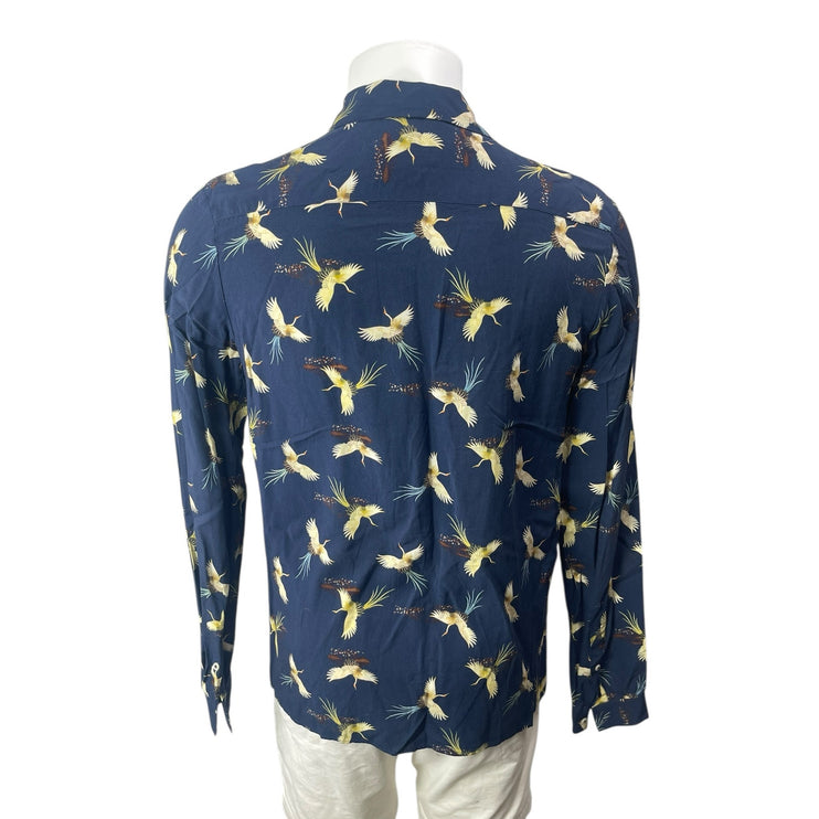 Zara Men's Blue Bird Graphic Long Sleeve Slim Fit Button Down Shirt Top Size S