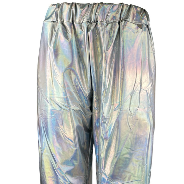 Women's Silver Metallic Irredescent Glossy Tapered High Waist Jogger Pants 2XL