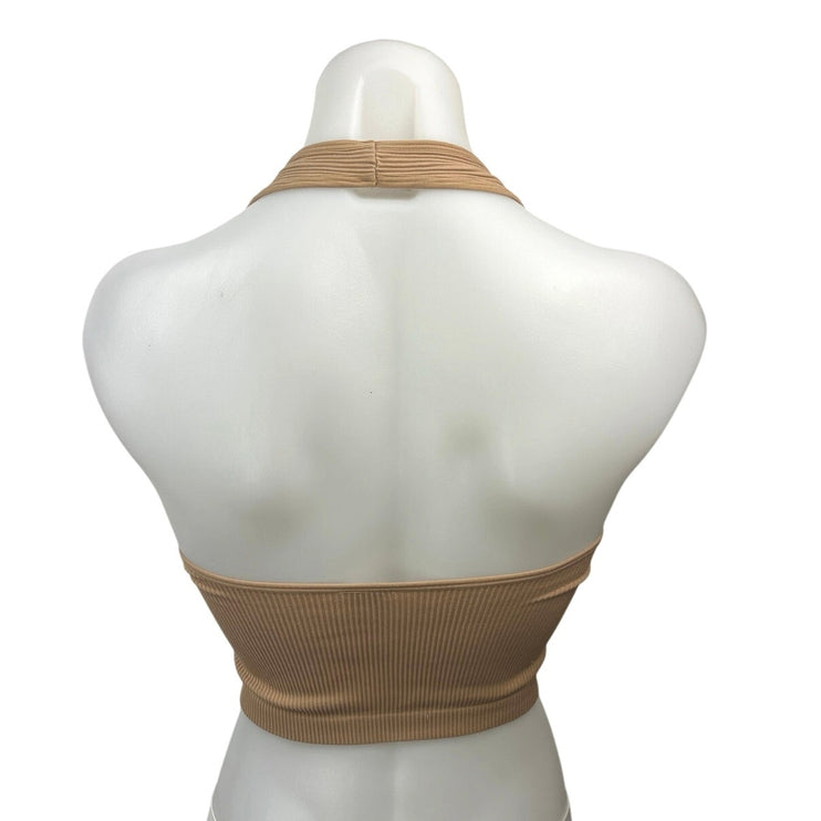 Aritzia Sunday Best Tan Brown Ribbed Scoop Neck Halter Open Back Crop Tank Top S