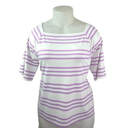 Talbots Women's White Purple Striped Square Neck Short Sleeve Blouse Top Size XL