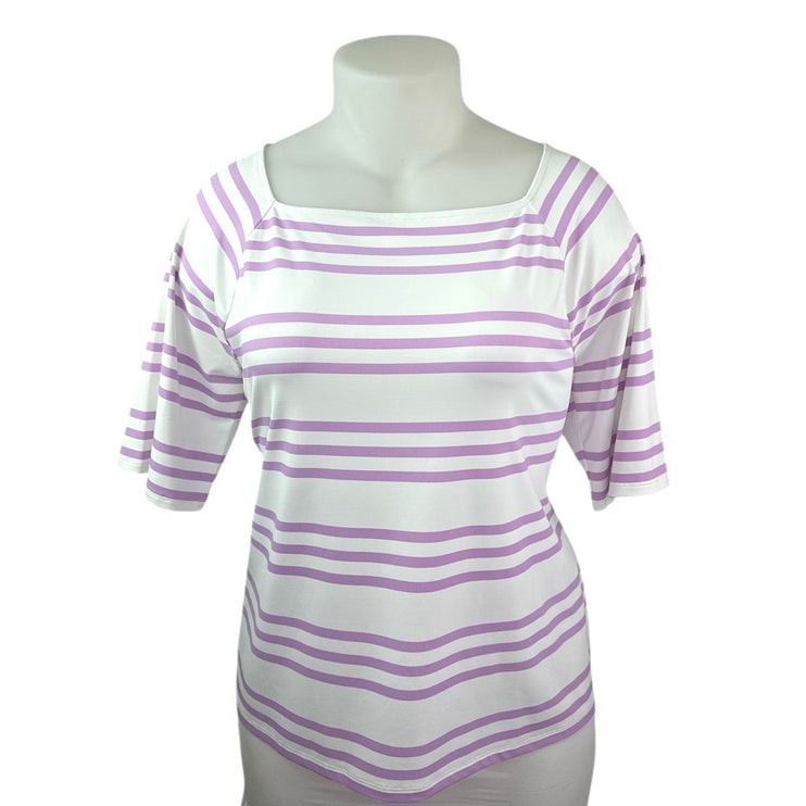 Talbots Women's White Purple Striped Square Neck Short Sleeve Blouse Top Size XL