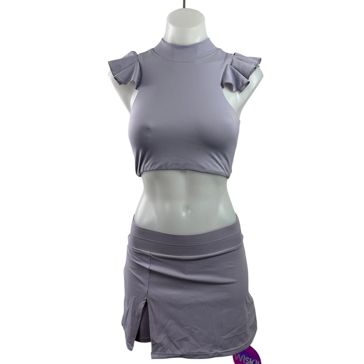 NEW WISKII Purple Lilac Ruffle Sleeveless Crop Top Slit Mini Skirt Set Size S
