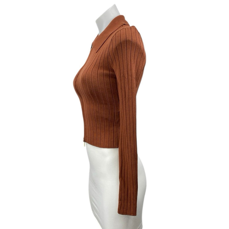 Abercrombie & Fitch Brown Long Sleeve Ribbed Knit Full Zip Collar Sweater Top XS