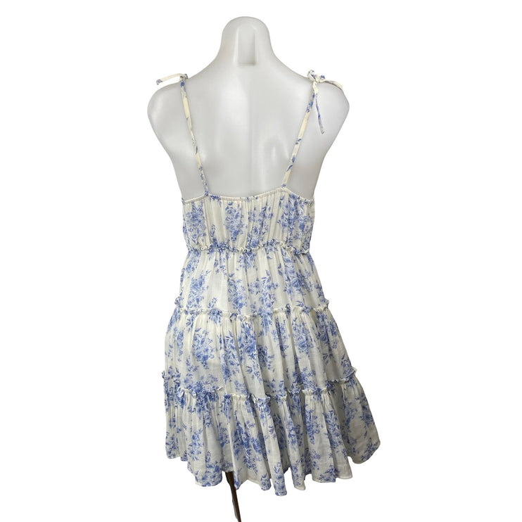 Mine Women's White Blue Floral Tiered Sleeveless Mini Tank Flare A-Line Dress S