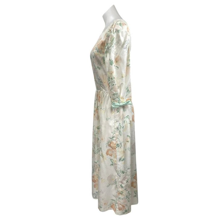 Vintage Lanz Womens White Floral Short Puff Sleeve Midi A-Line Tea Dress Size 10