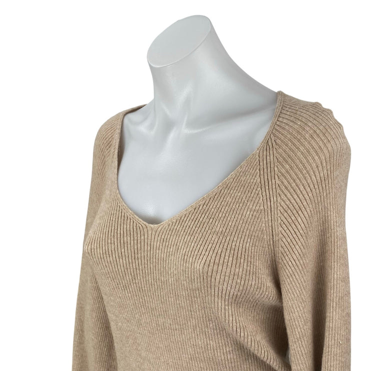 Philosophy Women's Beige Ribbed V Neck Balloon Sleeve Sweatshirt Sweater Top M