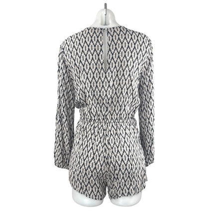 Kori Black Argyle Diamond Long Sleeve Tassel Tie V Neck Boho Romper Shorts Sz S