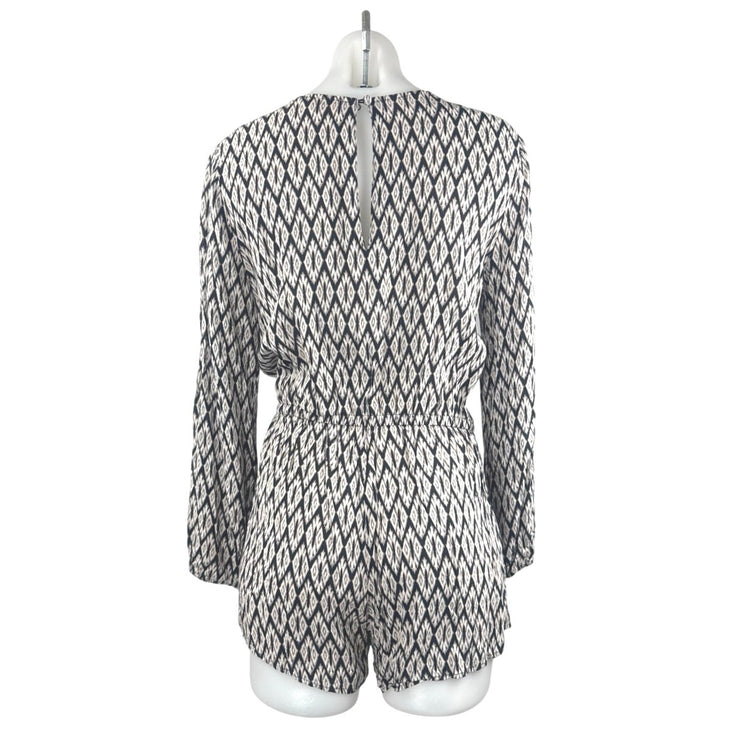 Kori Black Argyle Diamond Long Sleeve Tassel Tie V Neck Boho Romper Shorts Sz S