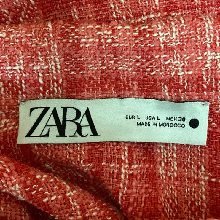 Zara Pink Plaid Tweed Button Front Long Sleeve Pockets Oversized Shirt Jacket L