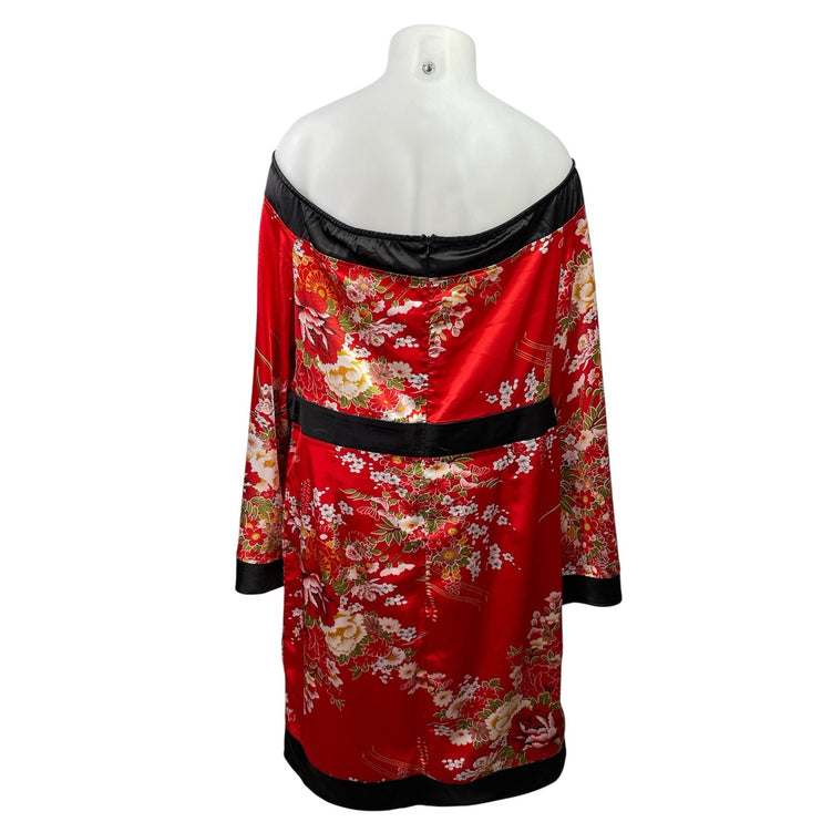 PrettyLittleThing Red Off Shoulder Floral Satin Long Sleeve Mini Kimono Dress 1X