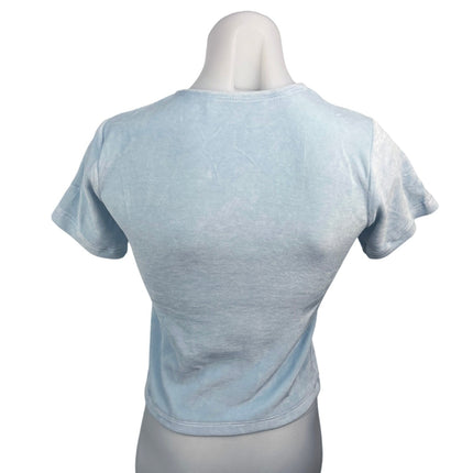 Cale Nina Light Blue Velour Velvet Crew Neck Short Sleeve Crop Tee T-shirt Top M