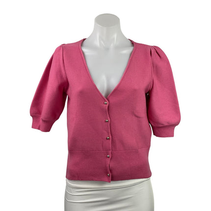 Camaieu Womens Pink Short Puff Sleeve V-neck Button Up Cropped Blouse Top Size M