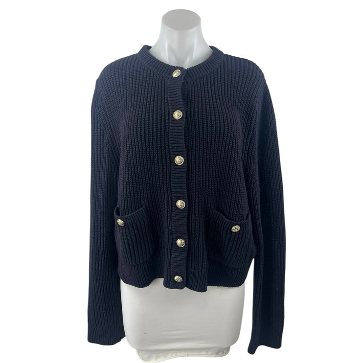 H&M Women's Navy Blue Ribbed Knit Long Sleeve Button Down Cardigan Sweater Top M