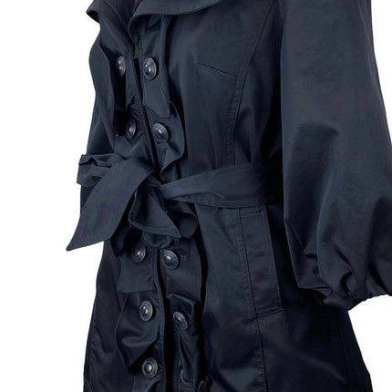 Anthropologie Idra Navy Blue Tie Double Breasted Ruffle Trench Coat Jacket Sz S