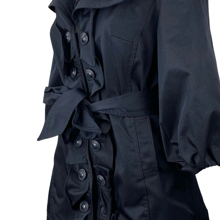 Anthropologie Idra Navy Blue Tie Double Breasted Ruffle Trench Coat Jacket Sz S