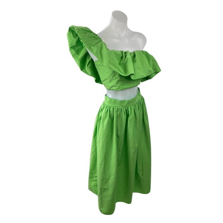 H&M Women's Green Flounced One Shoulder Crop Top Midi Flare A-Line Skirt Set 38