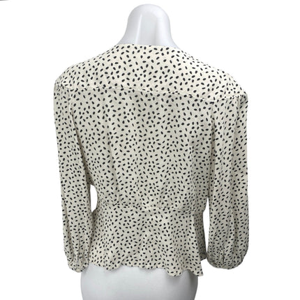MNG Mango White Black Long Sleeve Button V Neck Wrap Peplum Blouse Top Size 6