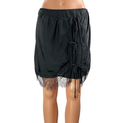 Free People Intimately All Tied Up Black Lace Satin Half Slip Mini Skirt Size M