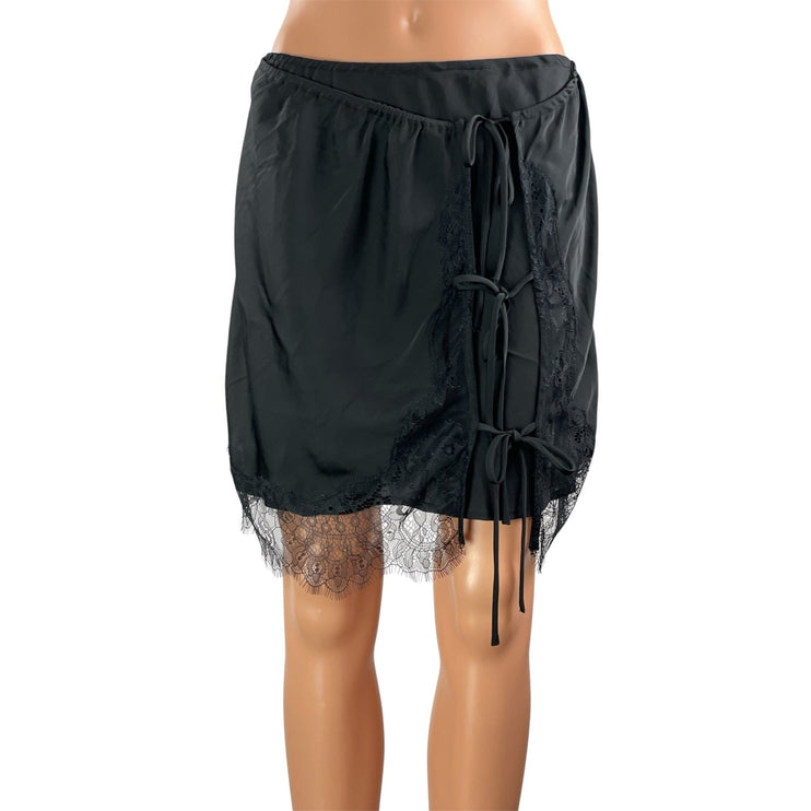 Free People Intimately All Tied Up Black Lace Satin Half Slip Mini Skirt Size M