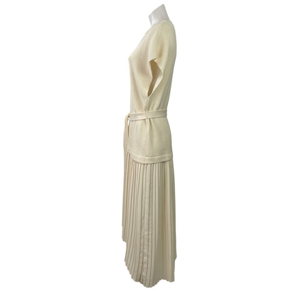 Zara Womens Cream Short Sleeve Ribeed Knit Pleated Maxi A-Line Sweater Dress M