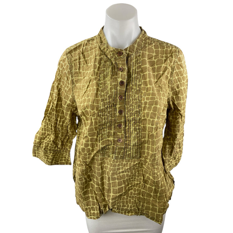 Isaac Mizrahi Live Women's Tan Snakeskin Pintucked Button Up Shirt Top Size L