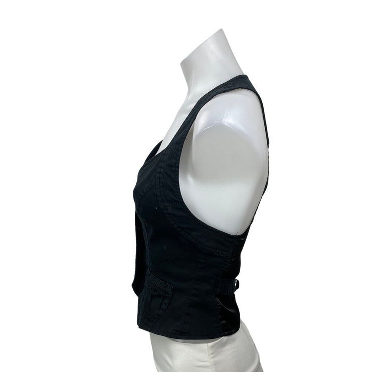 Guess Jean Women's Black Sleeveless Racerback V Neck Button Up Vest Crop Top S