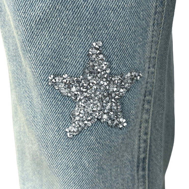Nasty Gal Women's Blue Embellished Star Print Straight High Rise Denim Jeans 4