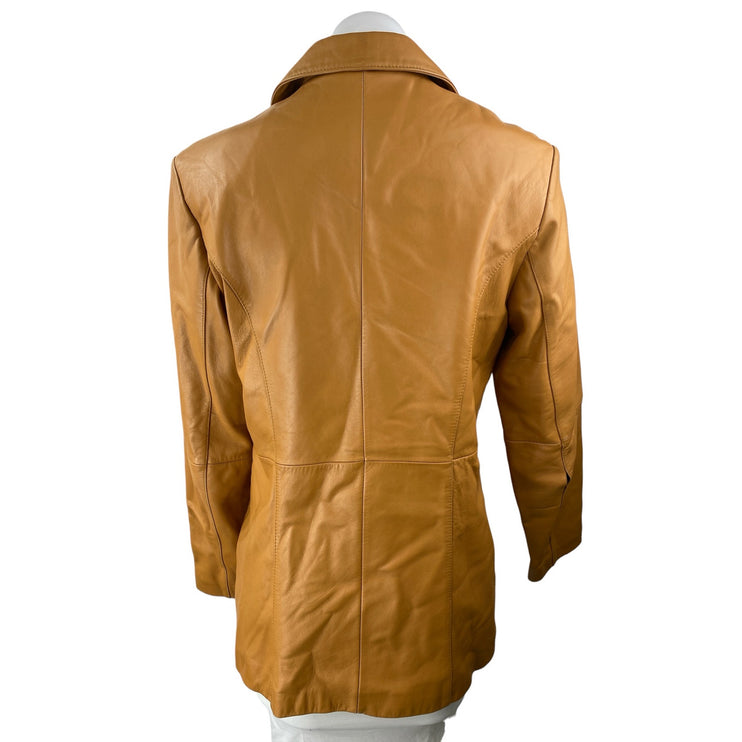 Wilsons 100% Leather Womens Tan Brown Button Down Long Sleeve Coat Jacket Size S