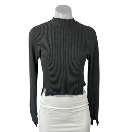 Cale Gray Ribbed Mock Neck Long Sleeve Side Slit Crop Sweatshirt Sweater Top S