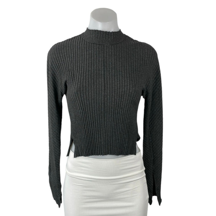 Cale Gray Ribbed Mock Neck Long Sleeve Side Slit Crop Sweatshirt Sweater Top S
