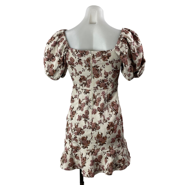 Aqua White Pink Floral Jacquard Short Puff Sleeve Ruffle Sheath Mini Dress Sz S
