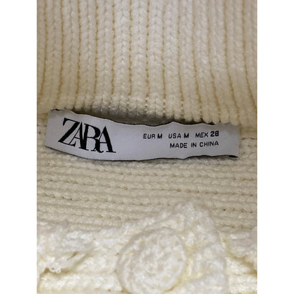 Zara Cream White Rib Knit Collar Short Sleeve Button Up Polo Sweater Top Size M