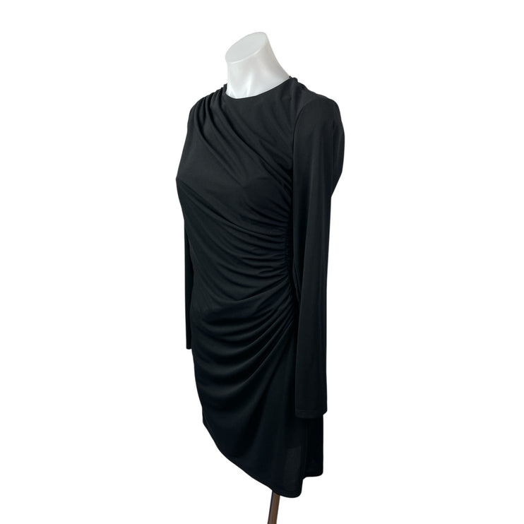 Zara Women's Black Long Sleeve Draped Ruched Crew Neck Mini Bodycon Dress Size M